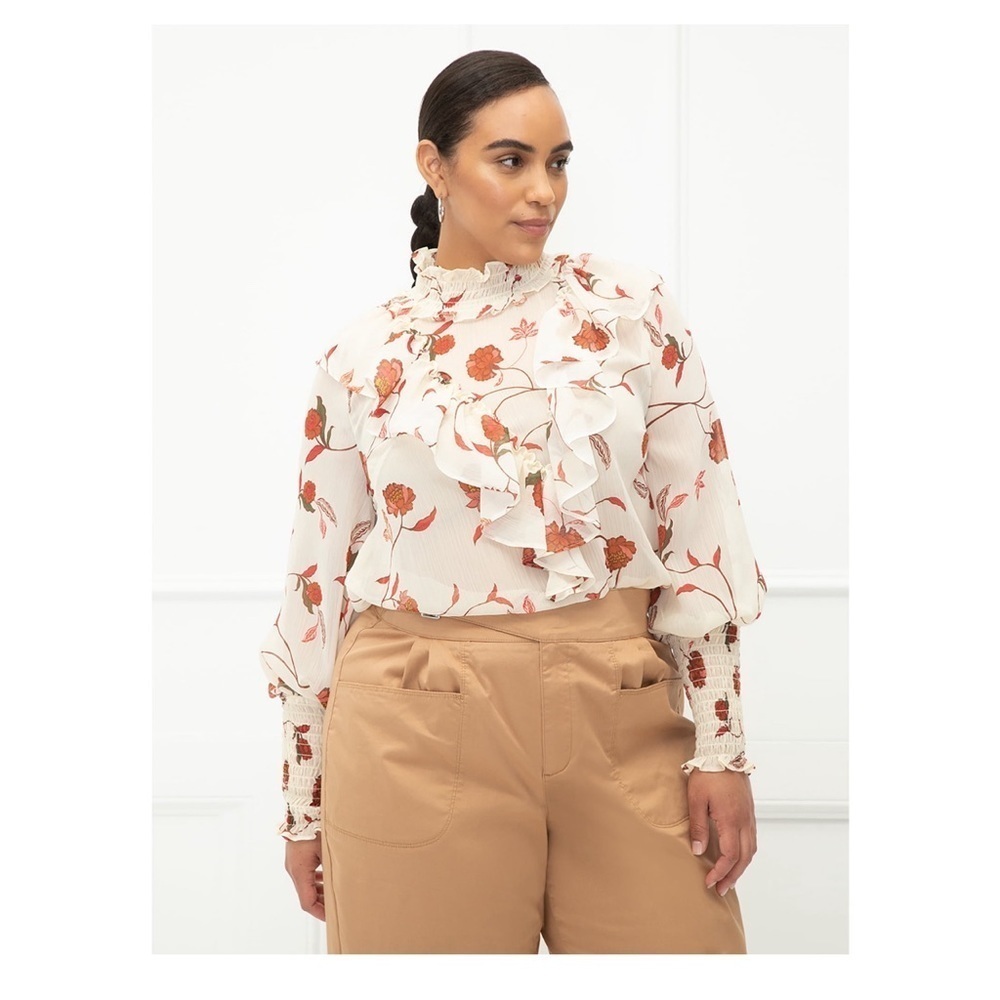 Eloquii 24 women’s blouse sheer ruffle top flowy smock neck white red flower